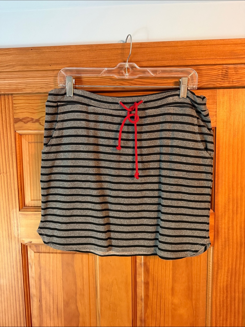 Striped Black and Gray Mini Skirt with Red Drawstring